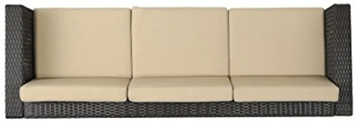 Christopher Knight Home Puerta Outdoor Wicker 3-Seater Sofa, Dark Brown / Beige Cushion