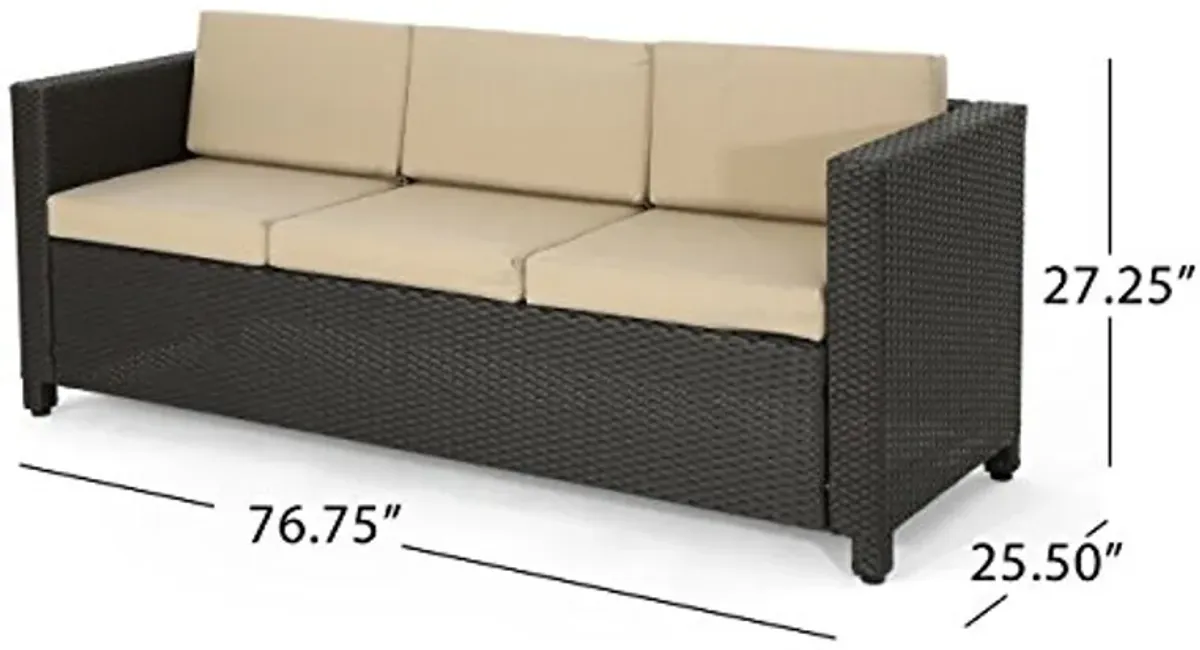 Christopher Knight Home Puerta Outdoor Wicker 3-Seater Sofa, Dark Brown / Beige Cushion