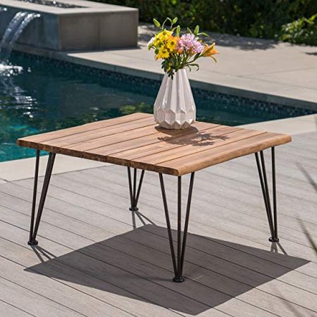 Christopher Knight Home Zion Outdoor Industrial Acacia Wood Coffee Table with Iron Frame, Teak Finish / Rustic Metal