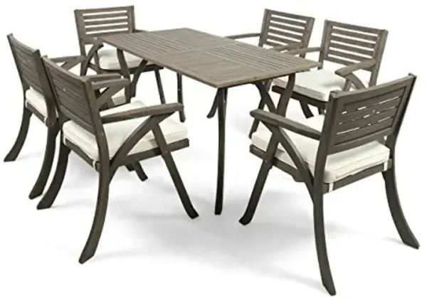 Christopher Knight Home Baia Outdoor 7 Piece Acacia Wood Dining Set, Gray Finish/Cream