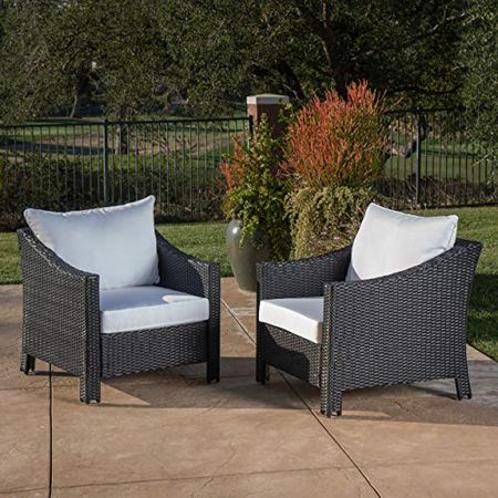 Christopher Knight Home Antibes Outdoor Wicker Club Chairs with Water Resistant Cushions, 2-Pcs Set, Black / White Cushion