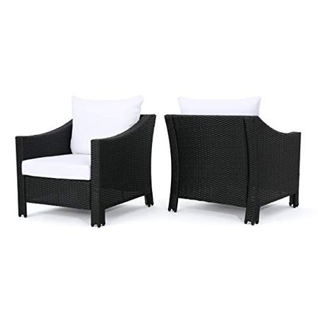 Christopher Knight Home Antibes Outdoor Wicker Club Chairs with Water Resistant Cushions, 2-Pcs Set, Black / White Cushion