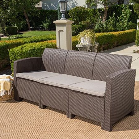 Christopher Knight Home St. Lucia Outdoor 3-Seater Faux Wicker Rattan Style Sofa with Water Resistant Cushions, Brown / Mix Beige