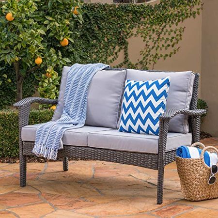 Christopher Knight Home Honolulu Outdoor Wicker Loveseat with Water Resistant Cushions, Grey / Silver Cushion