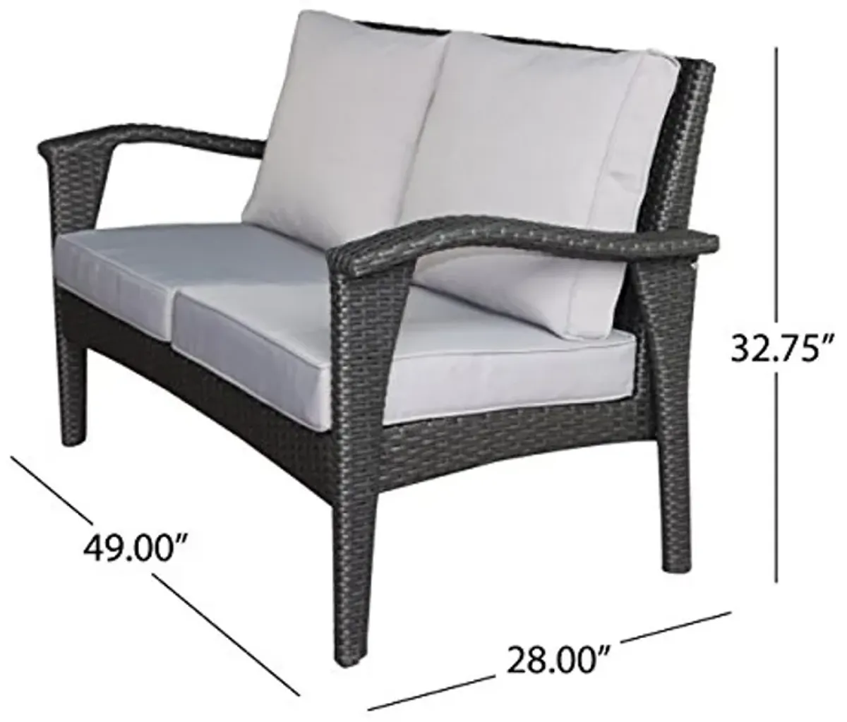 Christopher Knight Home Honolulu Outdoor Wicker Loveseat with Water Resistant Cushions, Grey / Silver Cushion