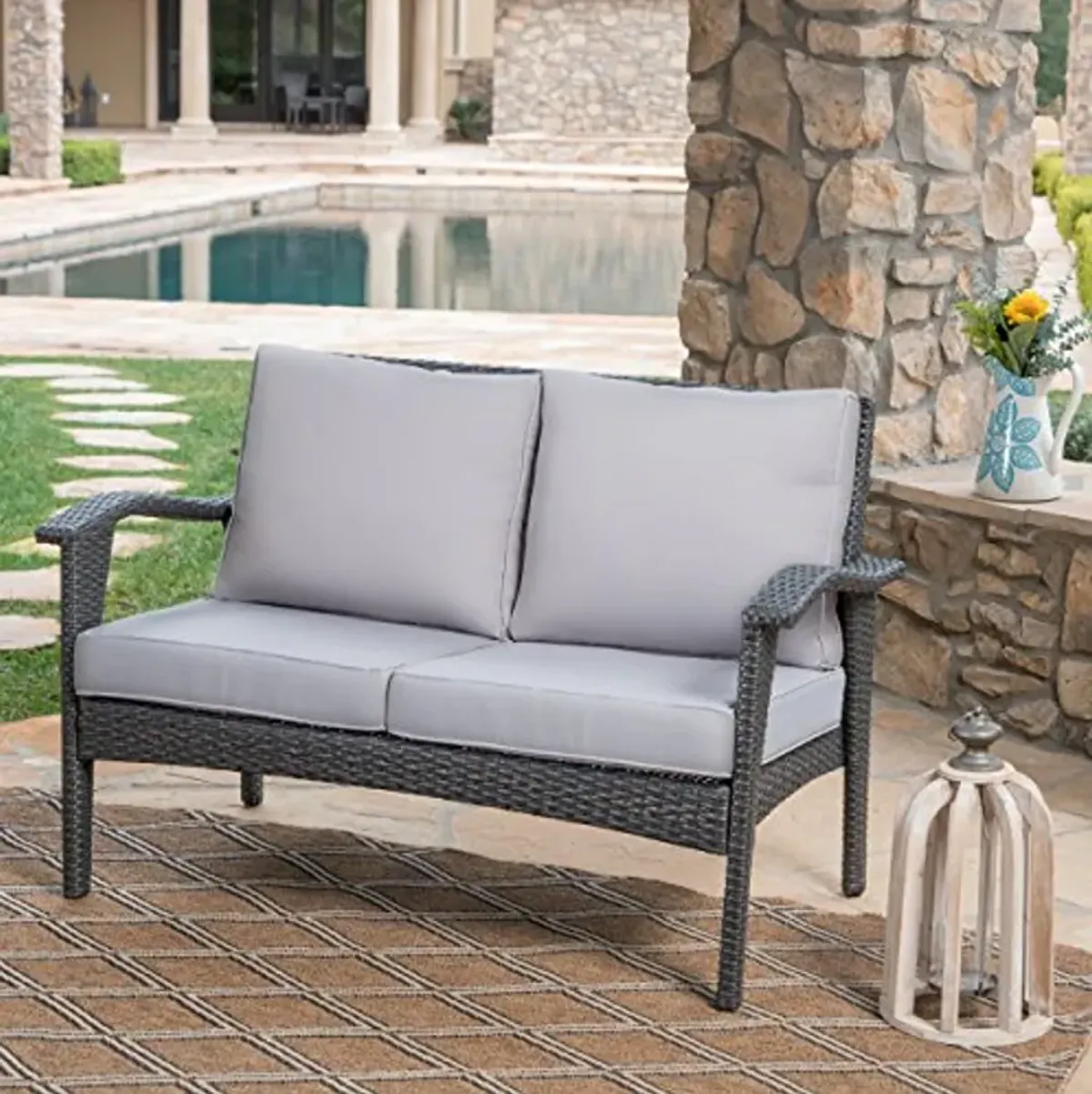 Christopher Knight Home Honolulu Outdoor Wicker Loveseat with Water Resistant Cushions, Grey / Silver Cushion