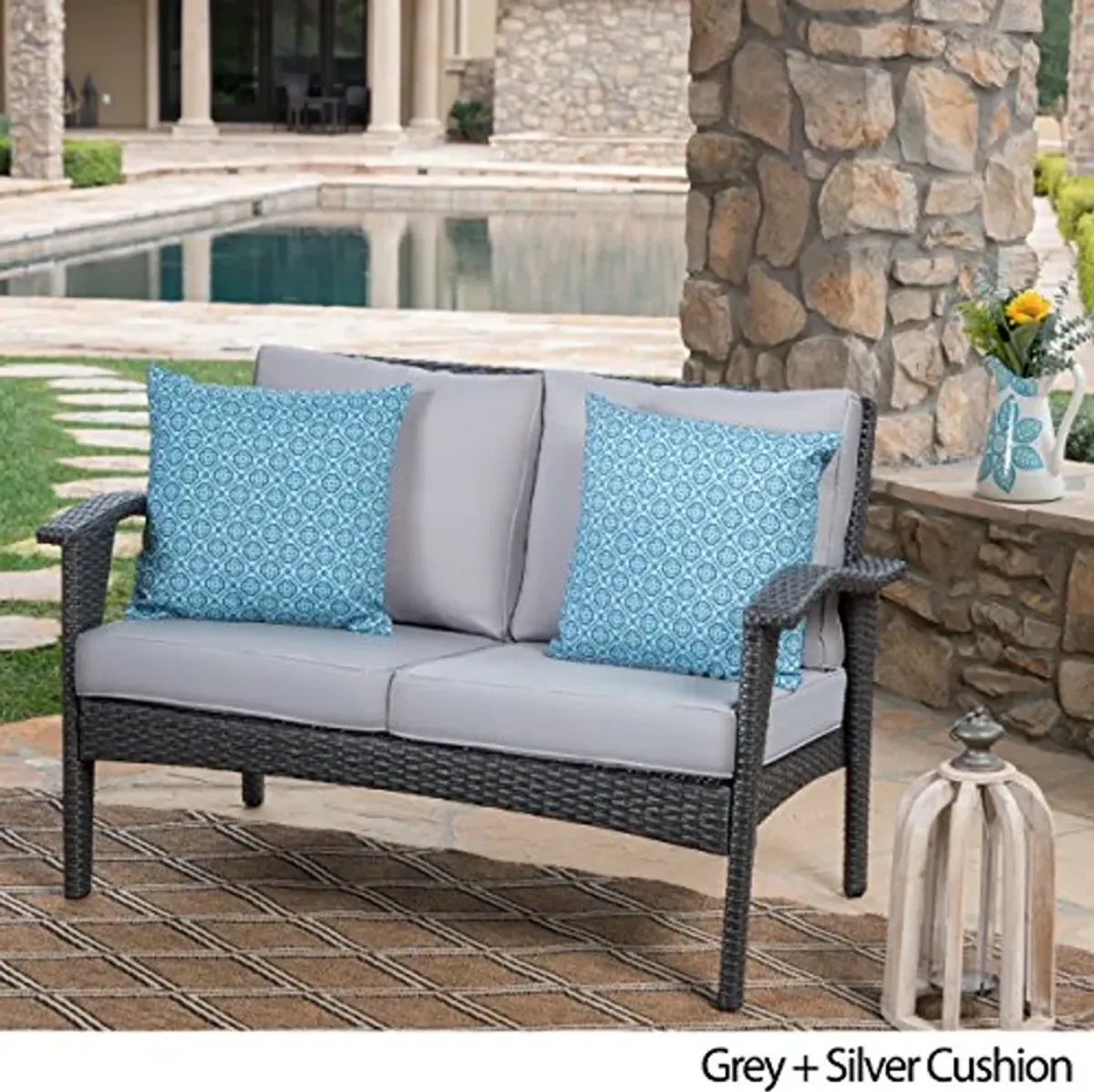 Christopher Knight Home Honolulu Outdoor Wicker Loveseat with Water Resistant Cushions, Grey / Silver Cushion