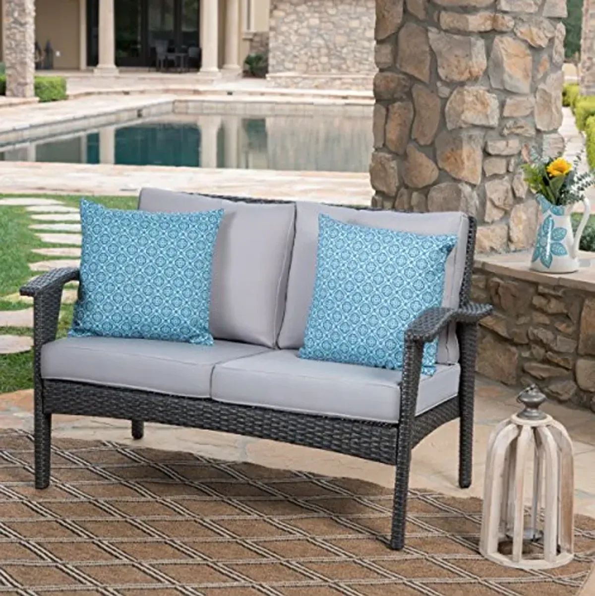 Christopher Knight Home Honolulu Outdoor Wicker Loveseat with Water Resistant Cushions, Grey / Silver Cushion