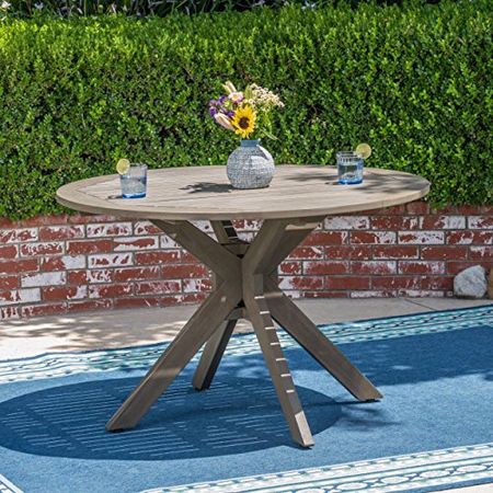 Christopher Knight Home Stanford Outdoor Round Acacia Wood Dining Table with X Base, Gray Finish