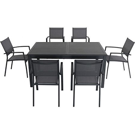 Hanover CAMDN7PC-GRY 7-Piece 40" x 94" Cameron Modern Outdoor Dining Set | 6 Folding Sling Chairs | 40'' x 94'' Expandable Table | Durable, Weather Protected Aluminum Frame | Gray | CAMDN7PCFD-GRY