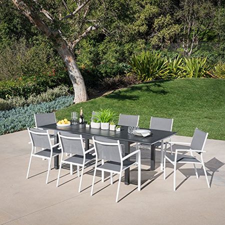 Hanover Cameron 9-Piece Modern Outdoor Dining Set | 8 Padded Sling Chairs | 40'' x 94'' Expandable Table | Durable, Weather Protected Aluminum Frame | Gray | CAMDN9PCHB-GRY