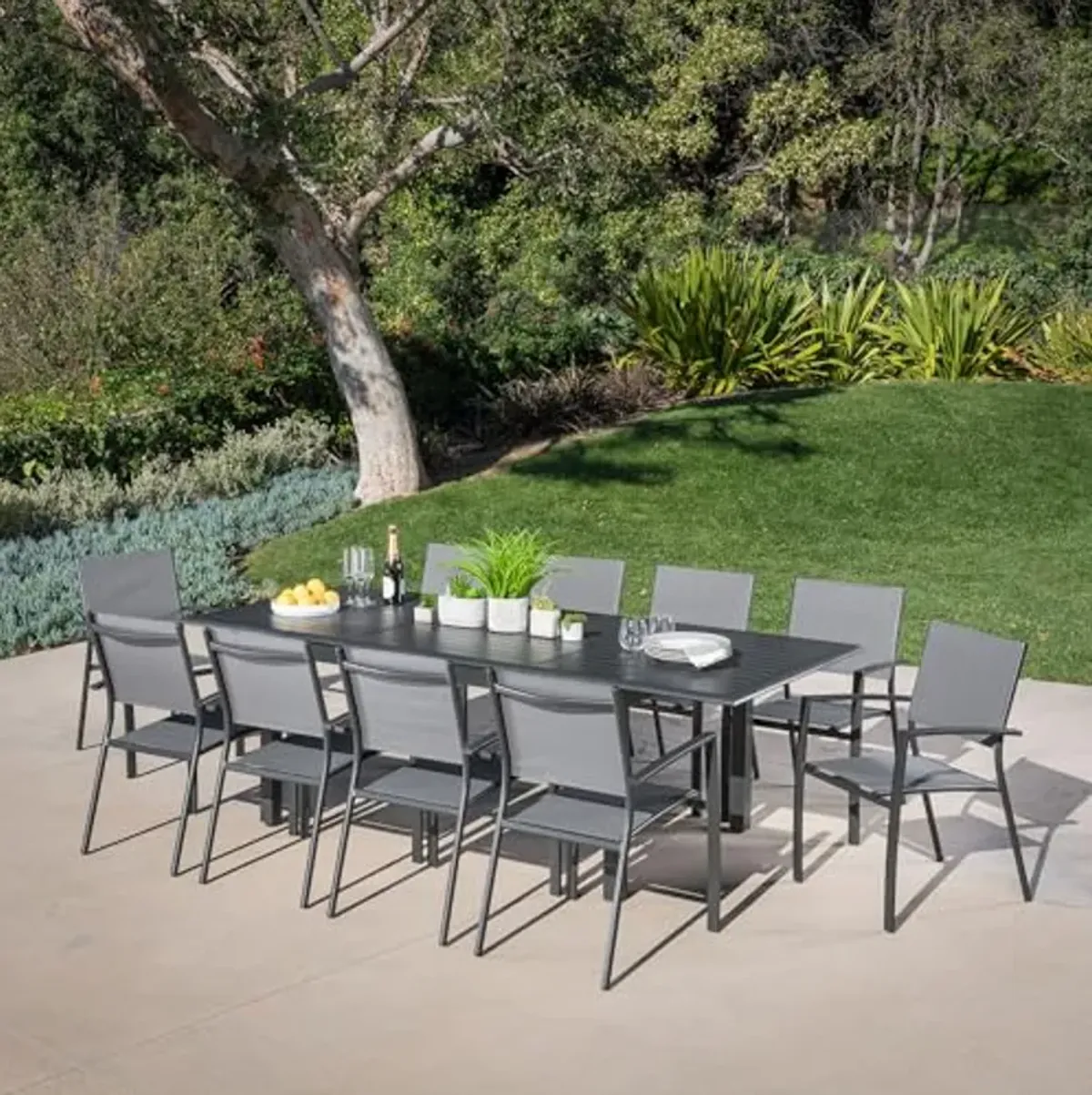 Hanover Cameron 11-Piece Outdoor Dining Set for 10 with All-Weather Aluminum Expandable Rectangular Table and Stackable Sling Chairs for Backyard, Patio, Deck, Porch, Pergola, Poolside