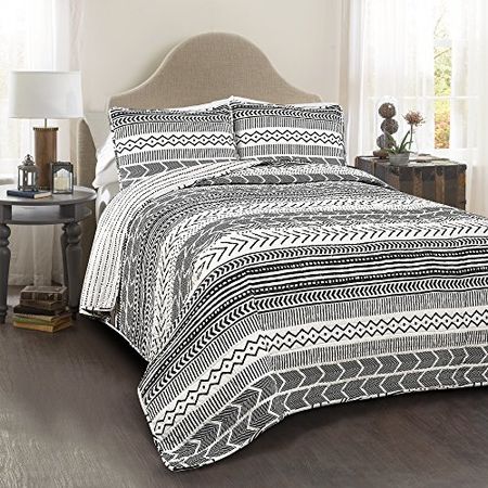 Lush Decor Hygge Geo Pattern Striped 3 Piece Quilt Bedding Set, King, Black & White