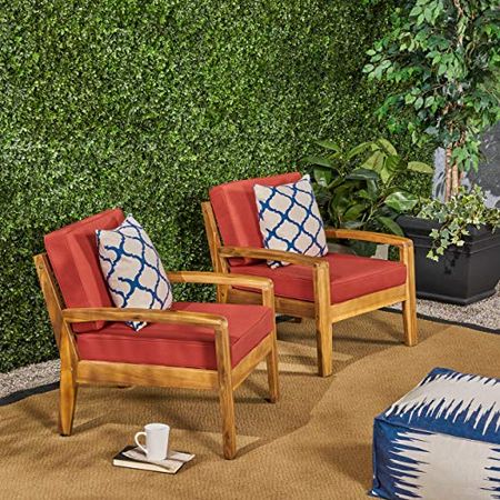Christopher Knight Home Grenada Outdoor Wooden Club Chairs with Cushions, 2-Pcs Set, Teak Finish / Red