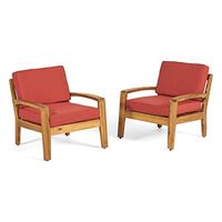 Christopher Knight Home Grenada Outdoor Wooden Club Chairs with Cushions, 2-Pcs Set, Teak Finish / Red