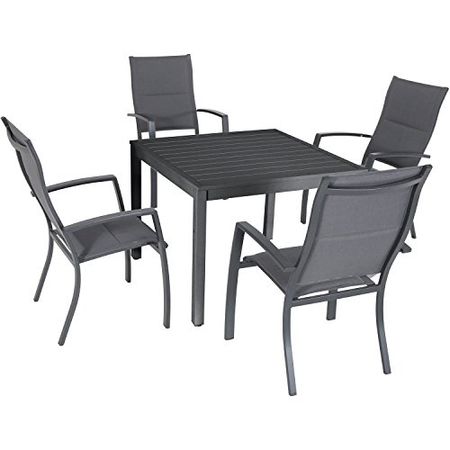 Hanover Naples 5-Piece Outdoor Dining Set with 38'' Rust-Free Aluminum Square Dining Table with 4 Grey Stackable Sling Chairs, Modern Space Saving All-Weather Outdoor Patio Furniture for Backyard