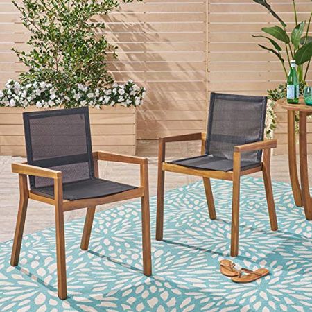Christopher Knight Home Jimmy Outdoor Acacia Wood and Mesh Dining Chairs (Set of 2), Teak Finish