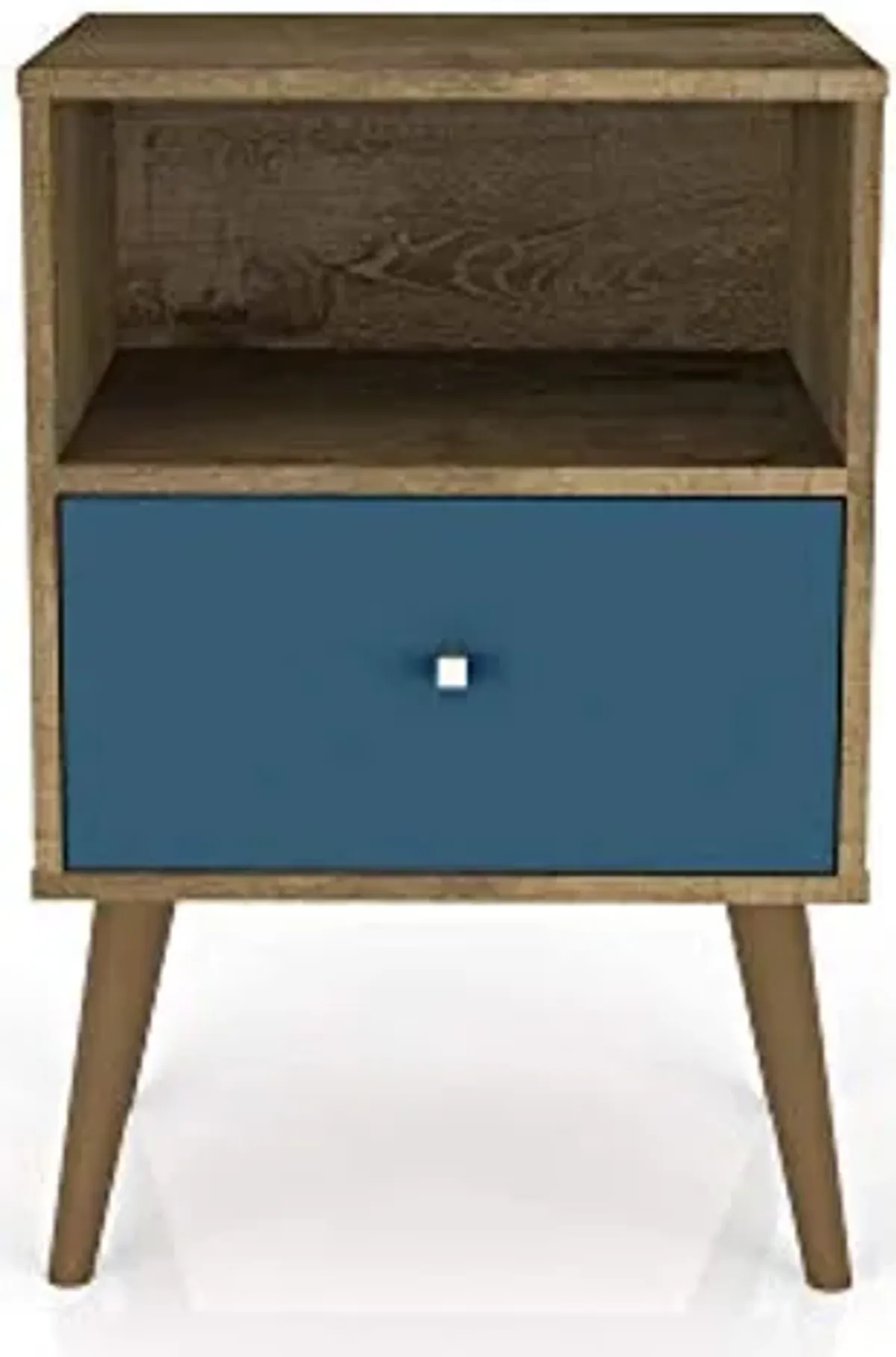 Manhattan Comfort Liberty Mid Century Modern Nightstand with Drawer and Cubby, Bedside Table for Bedroom and Living Room, Night Stand Accent Decor, Easy Assembly, Rustic Brown/Aqua Blue