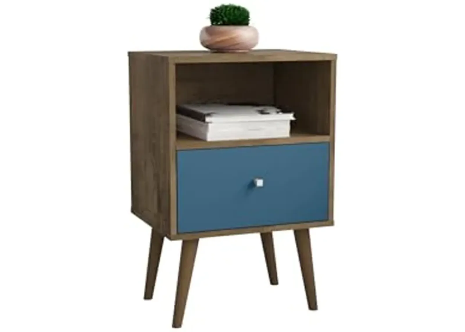 Manhattan Comfort Liberty Mid Century Modern Nightstand with Drawer and Cubby, Bedside Table for Bedroom and Living Room, Night Stand Accent Decor, Easy Assembly, Rustic Brown/Aqua Blue