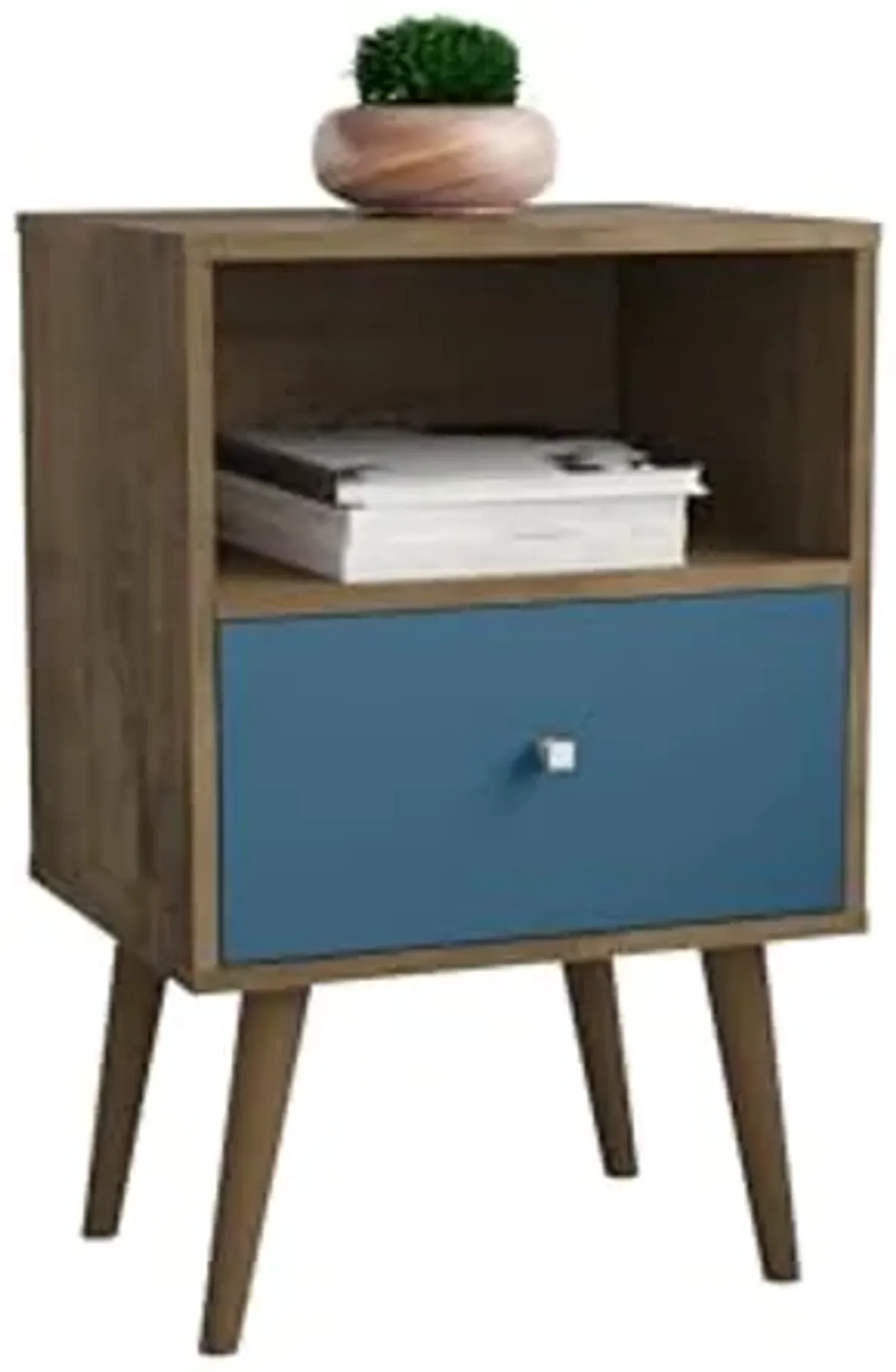 Manhattan Comfort Liberty Mid Century Modern Nightstand with Drawer and Cubby, Bedside Table for Bedroom and Living Room, Night Stand Accent Decor, Easy Assembly, Rustic Brown/Aqua Blue