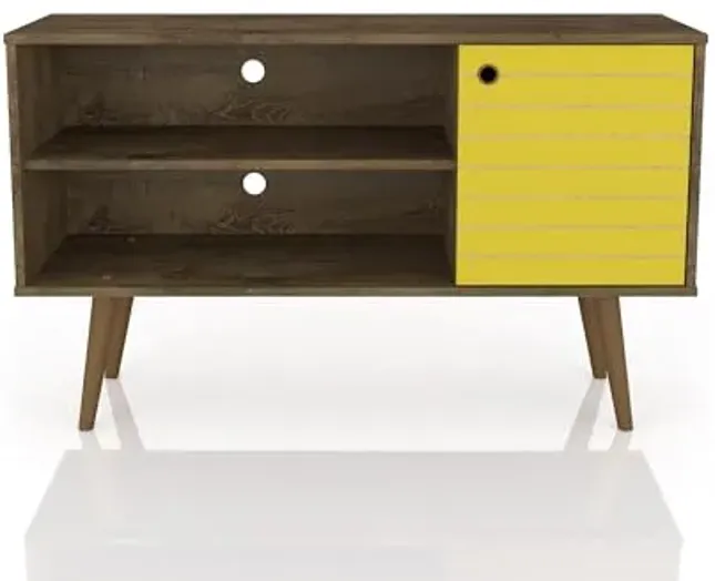 Manhattan Comfort Liberty Mid Century Modern TV Stand for Televisions up to 46 Inches, Bedroom and Living Room Entertainment Center with Storage, Shelves, and Cabinet, 43" Wide, Rustic Brown/Yellow