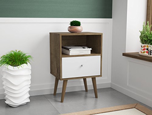 Manhattan Comfort Liberty Modern 1 Drawer Bedroom Nightstand/End Table, Rustic Brown/White