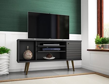Manhattan Comfort Liberty Mid-Century Modern Living Room TV Stand with Shelves and a Cabinet with Splayed Legs, 200AMC: 53.14 Inch, Black