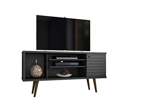 Manhattan Comfort Liberty Mid-Century Modern Living Room TV Stand with Shelves and a Cabinet with Splayed Legs, 200AMC: 53.14 Inch, Black