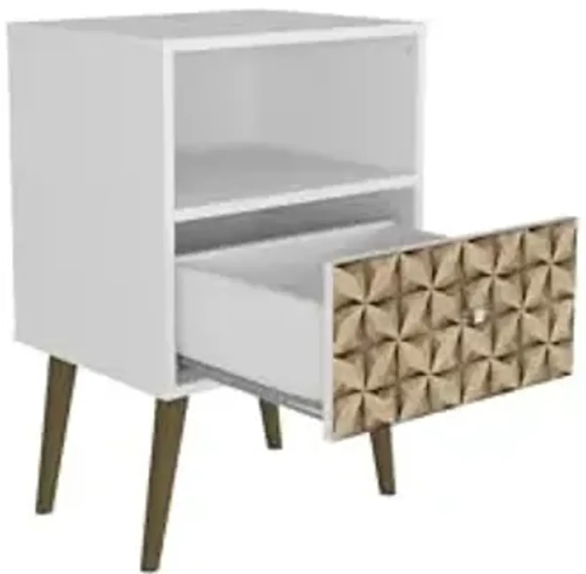 Manhattan Comfort Liberty Mid Century Modern Nightstand with Drawer and Cubby, Bedside Table for Bedroom and Living Room, Night Stand Accent Decor, Easy Assembly, White/Brown