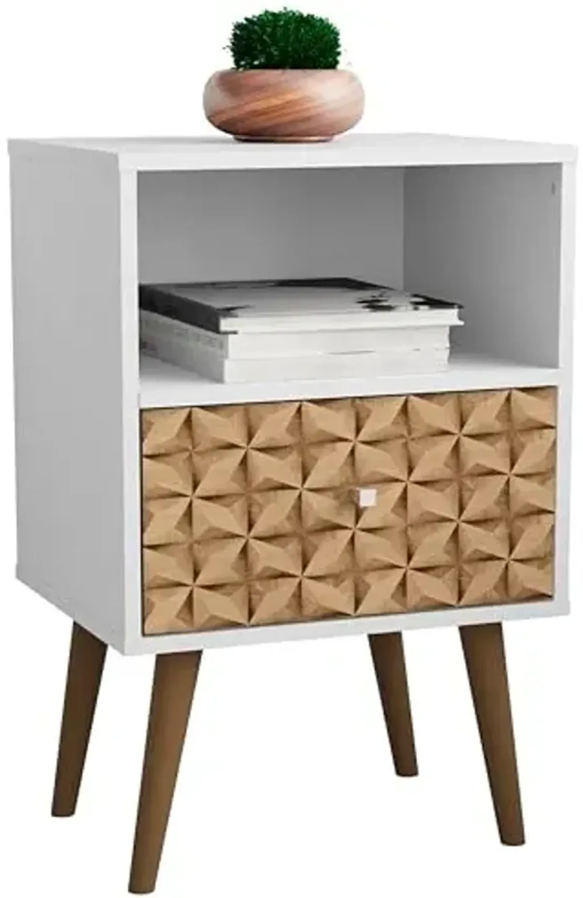 Manhattan Comfort Liberty Mid Century Modern Nightstand with Drawer and Cubby, Bedside Table for Bedroom and Living Room, Night Stand Accent Decor, Easy Assembly, White/Brown