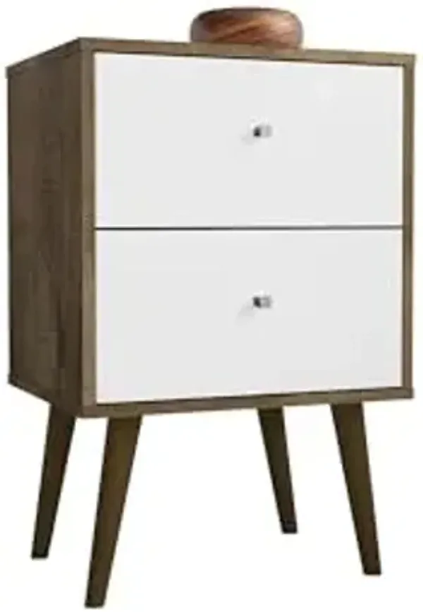 Manhattan Comfort Liberty Mid Century Modern Nightstand with Drawers, Bedside Table for Bedroom and Living Room, Night Stand Accent Decor, Easy Assembly, Brown/White