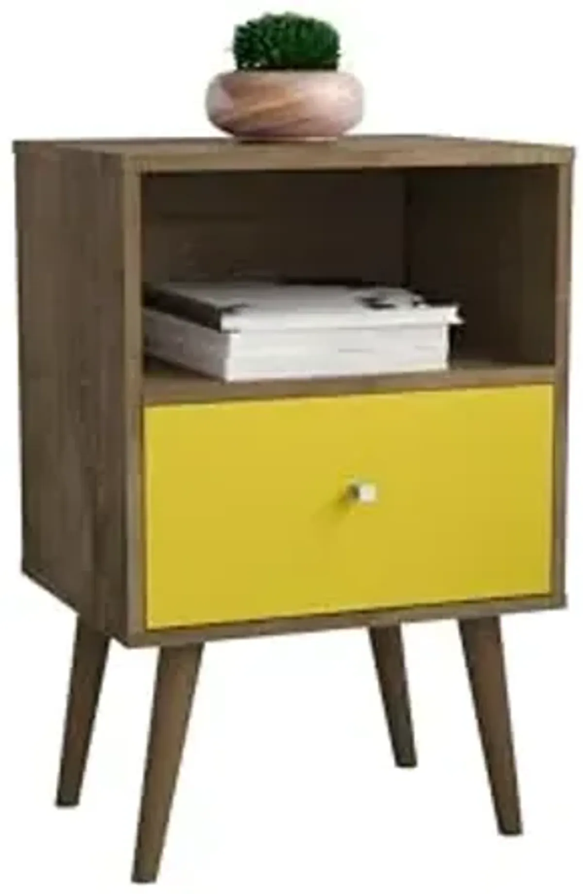 Manhattan Comfort Liberty Mid Century Modern Nightstand with Drawer and Cubby, Bedside Table for Bedroom and Living Room, Night Stand Accent Decor, Easy Assembly, Brown/Yellow