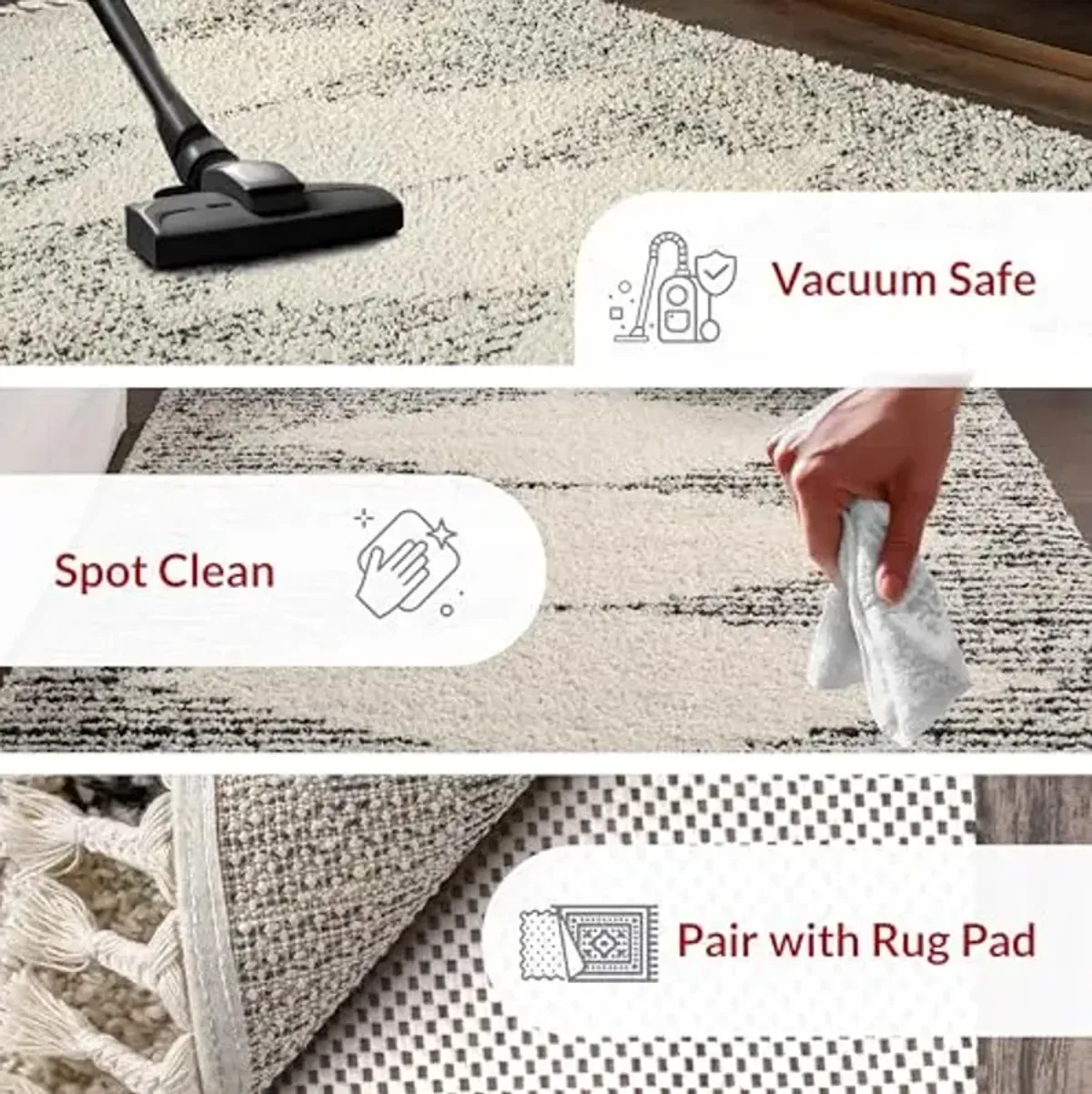 nuLOOM Bria Moroccan Shag Tasseled Area Rug - 6'7" x 9' Shag Area Rug Modern/Contemporary Off-White/Charcoal Rugs for Living Room Bedroom Dining Room Nursery