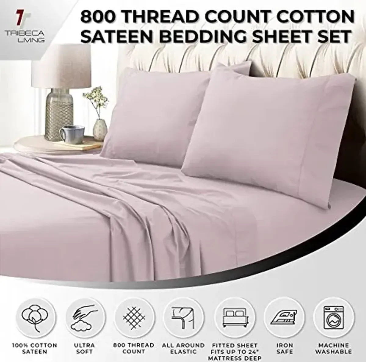 Tribeca Living Luxury 800 Thread Count King Sheet Set, 100% Egyptian Cotton Sateen, Deep Pocket Sheets, Soft & Breathable, Elegant Hemstitched Design - Lavender