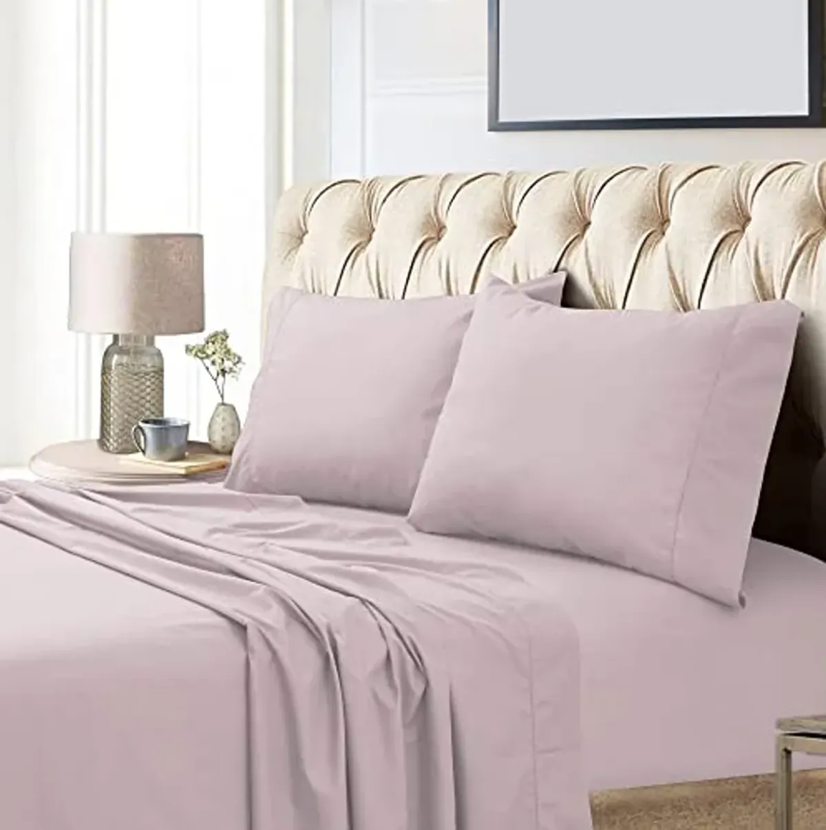 Tribeca Living Luxury 800 Thread Count Queen Sheet Set, 100% Egyptian Cotton Sateen, Deep Pocket Sheets, Soft & Breathable, Elegant Hemstitched Design - Lavender