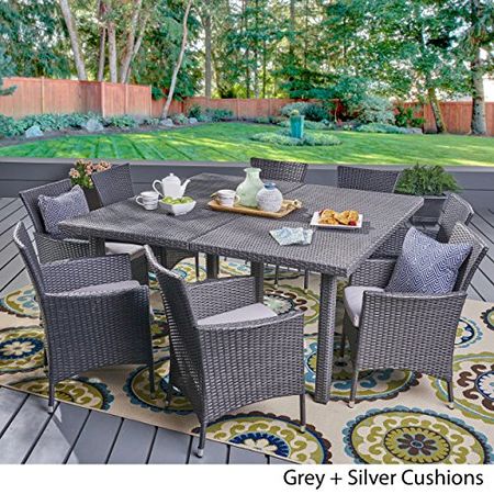 Christopher Knight Home Aristo Outdoor Wicker Square Dining Set with Water Resistant Cushions, 9-Pcs Set, Grey / Silver Cushions