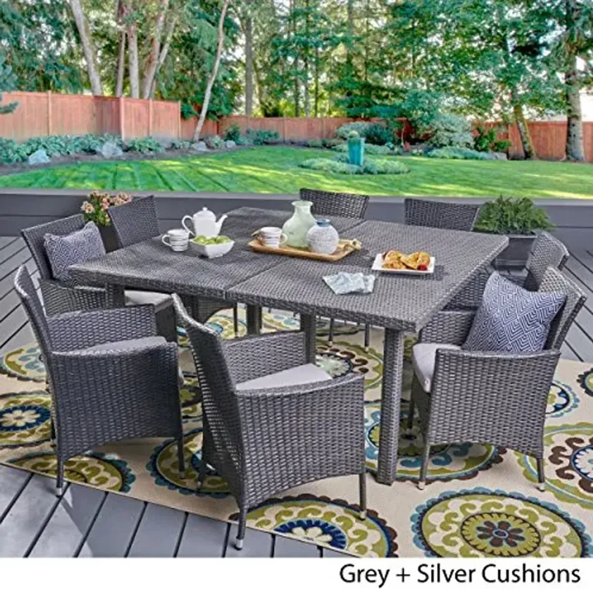 Christopher Knight Home Aristo Outdoor Wicker Square Dining Set with Water Resistant Cushions, 9-Pcs Set, Grey / Silver Cushions