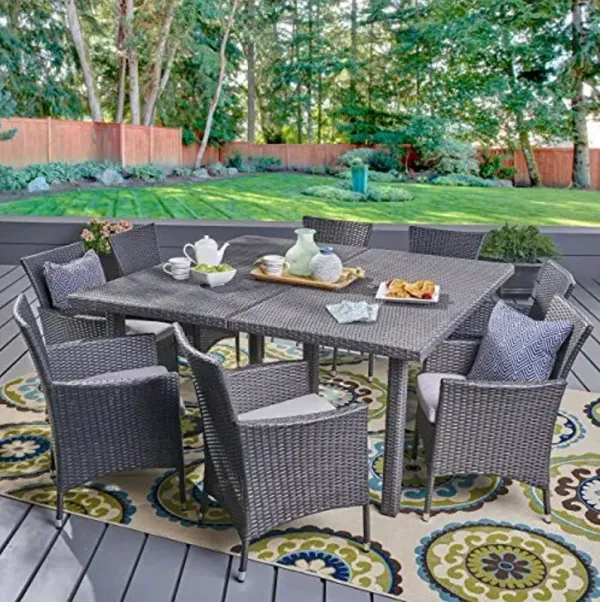 Christopher Knight Home Aristo Outdoor Wicker Square Dining Set with Water Resistant Cushions, 9-Pcs Set, Grey / Silver Cushions