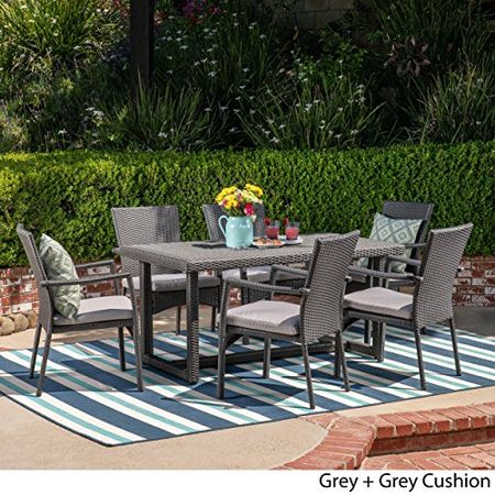 Christopher Knight Home Lena Outdoor 7 Piece Wicker Dining Set, Grey Cushions