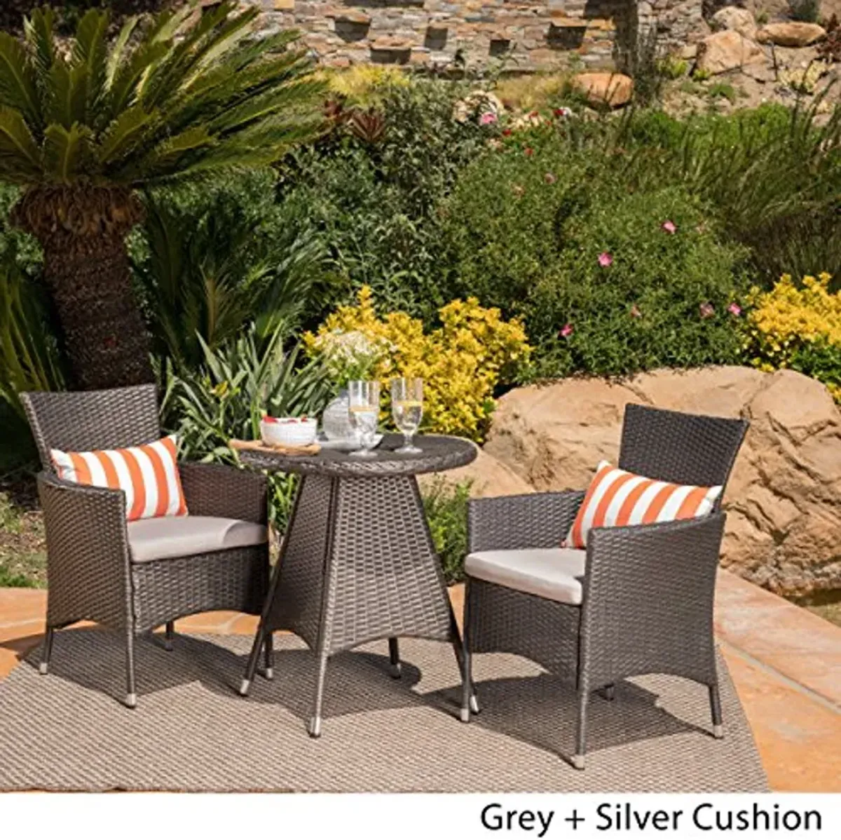 Christopher Knight Home Frank Outdoor 3 Piece Wicker Bistro Set, Grey with Silver Cushions