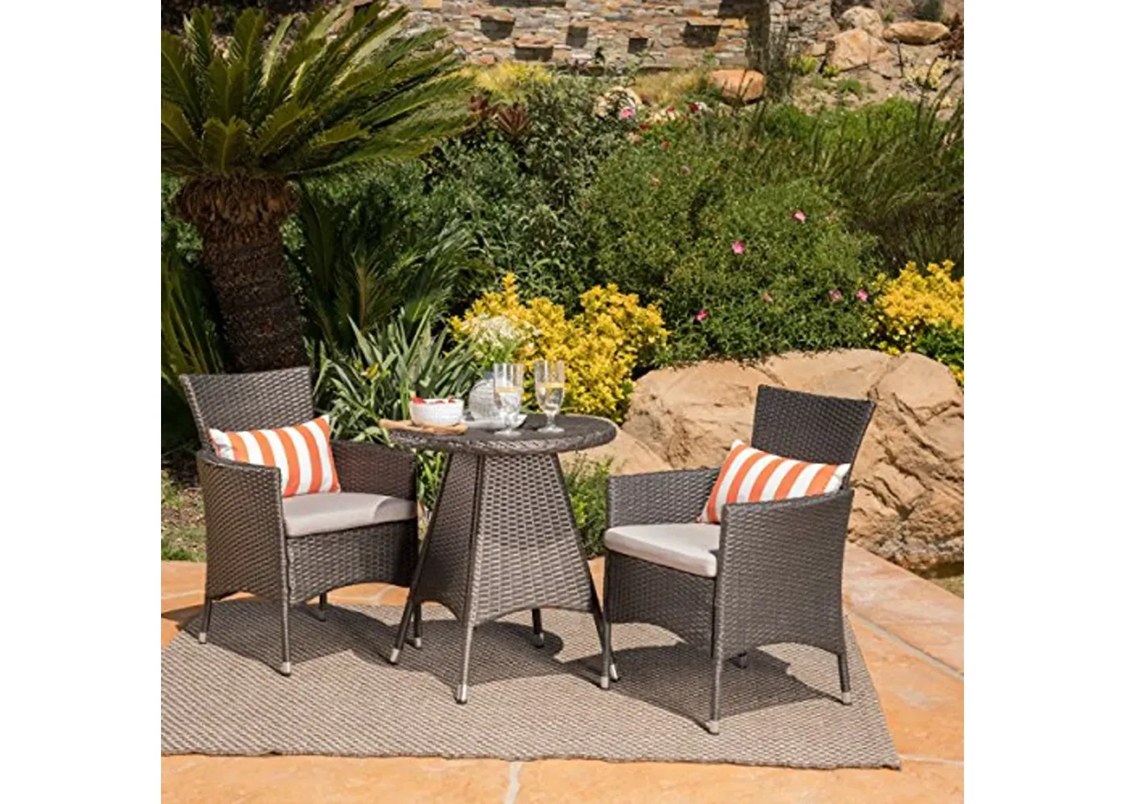 Christopher Knight Home Frank Outdoor 3 Piece Wicker Bistro Set, Grey with Silver Cushions