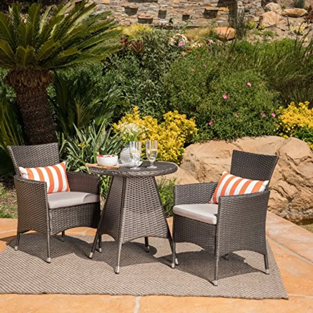 Christopher Knight Home Frank Outdoor 3 Piece Wicker Bistro Set, Grey with Silver Cushions