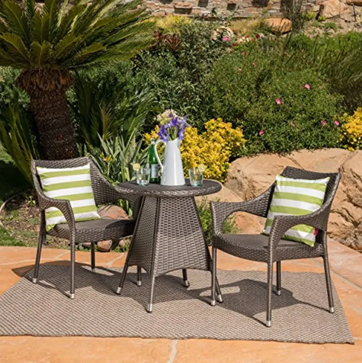 Christopher Knight Home Edna Outdoor 3 Piece Wicker Bistro Set, Grey