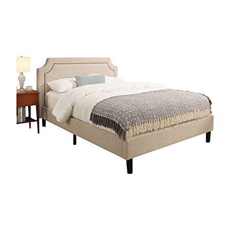 Abbyson Living Queen Size Upholstered Platform Bed Frame with Nailhead Trim Headboard, Cream