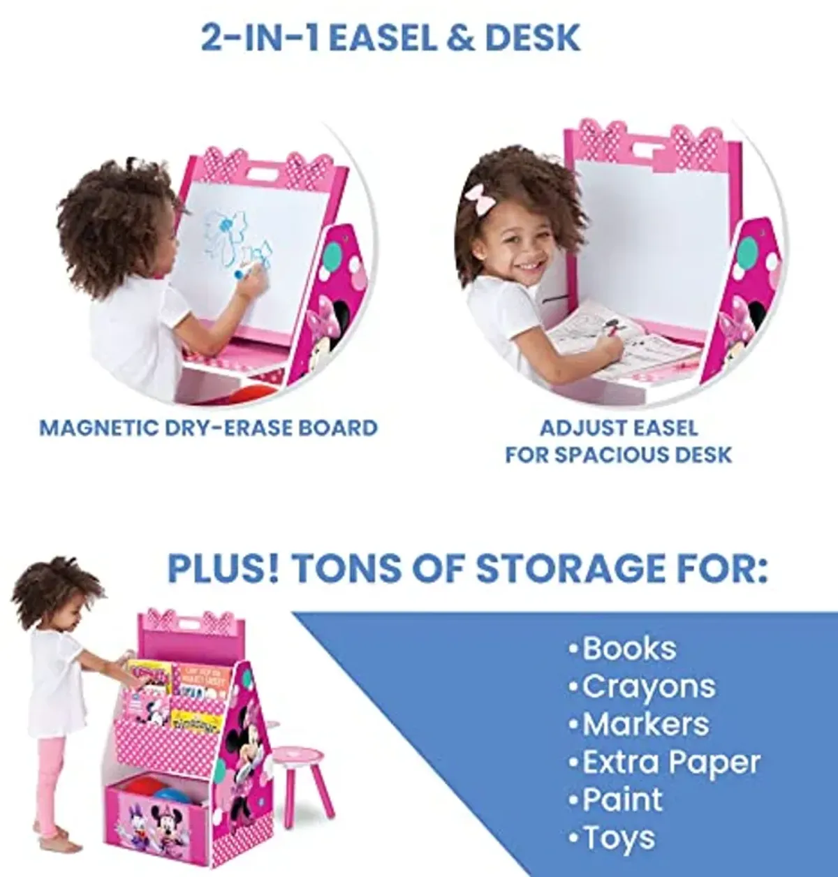 Delta Children Kids Easel and Play Station – Ideal for Arts & Crafts, Drawing, Homeschooling and More - Greenguard Gold Certified, Disney Minnie Mouse