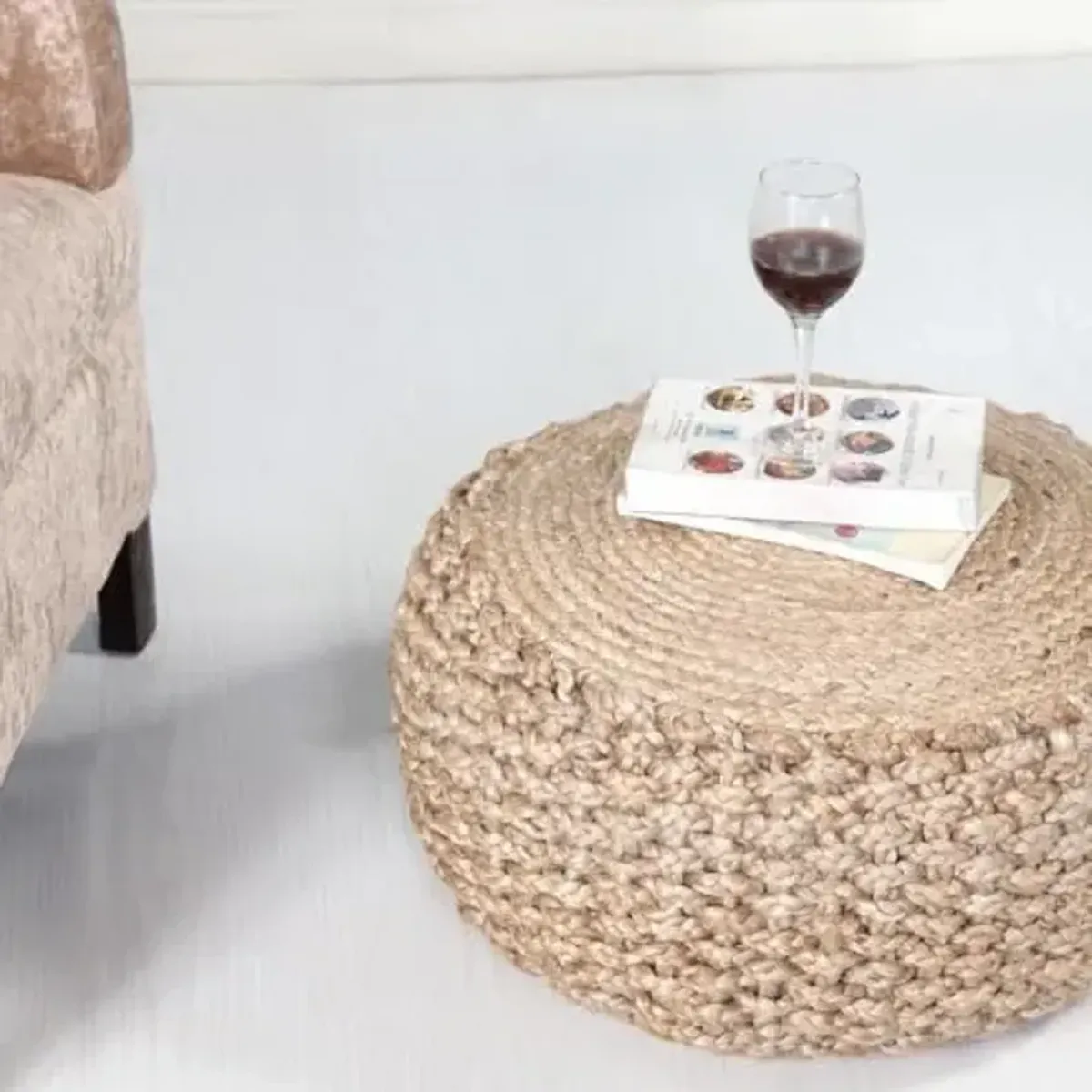 LR Home Natural Round Ottoman Pouf for Home Decor | Striped Hand-Woven Jute Round Pouf Ottoman Foot Rest for Bedroom & Living Room Decor | 20"D X 20"W X 10"H