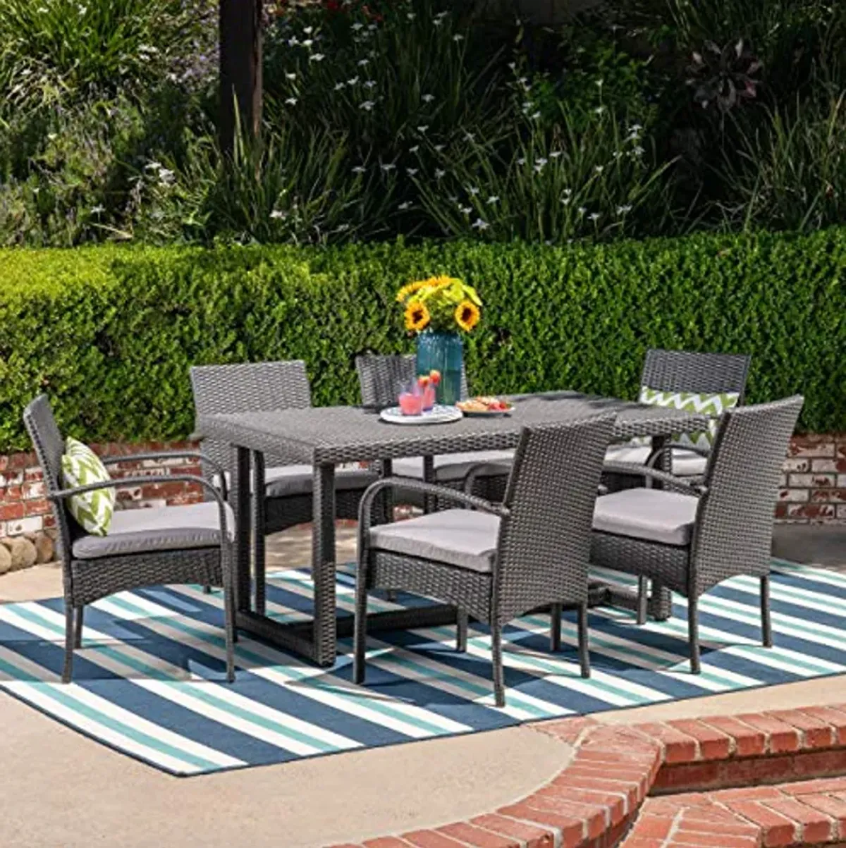 Christopher Knight Home Sophia Outdoor 7 Piece Wicker Dining Set, Grey Cushions