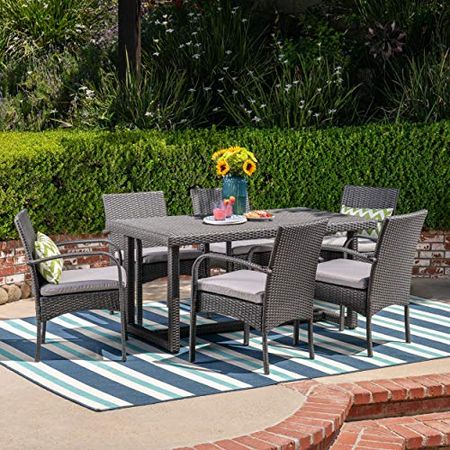 Christopher Knight Home Sophia Outdoor 7 Piece Wicker Dining Set, Grey Cushions