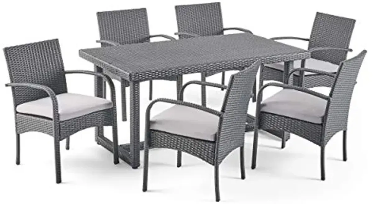 Christopher Knight Home Sophia Outdoor 7 Piece Wicker Dining Set, Grey Cushions