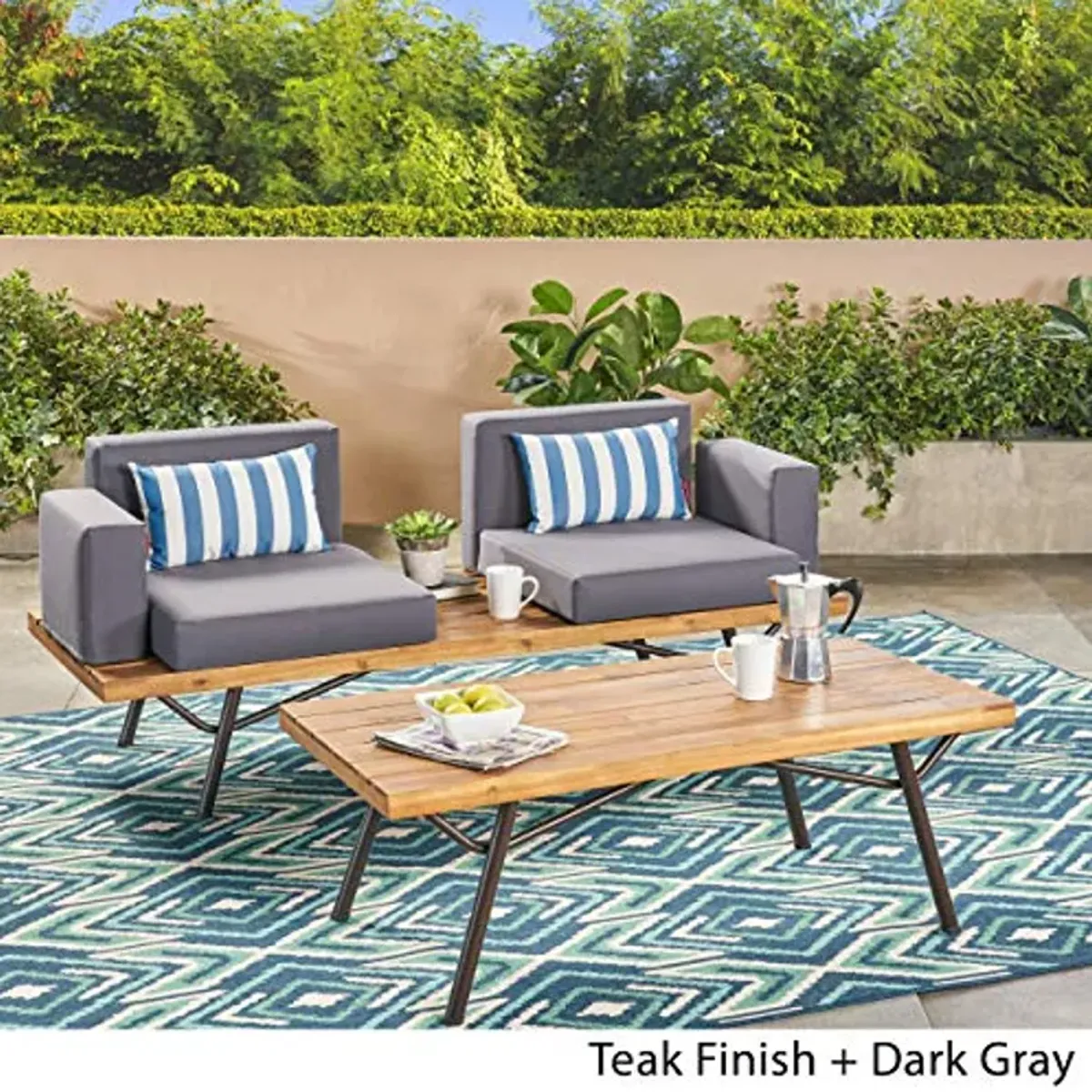 Christopher Knight Home Nora Outdoor Acacia Wood Chat Set, Teak Finish and Dark Gray